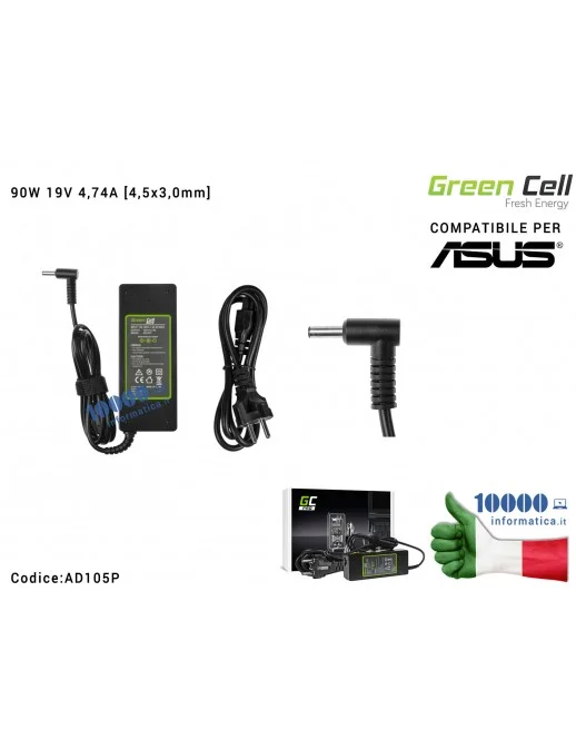 AD105P Alimentatore Green Cell 90W 19V 4,74A [4,5x3,0mm] Compatibile per ASUS AsusPRO B8430U P2440U P2520L P2540U P4540U P543...