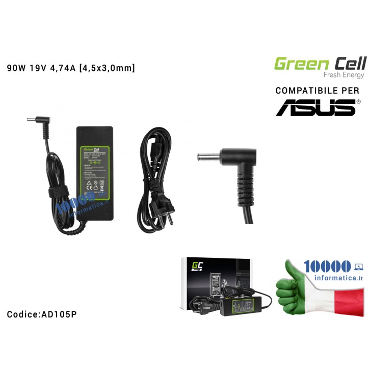 Alimentatore Green Cell 90W 19V 4,74A [4,5x3,0mm] Compatibile per ASUS AsusPRO B8430U P2440U P2520L P2540U P4540U P5430U Asus Ze
