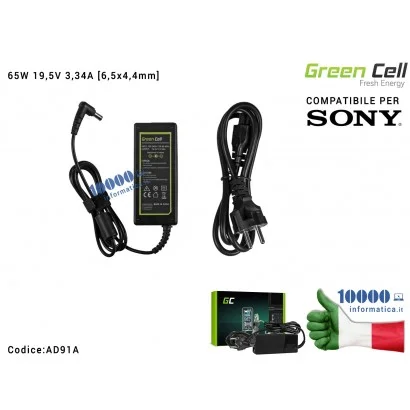 AD91A Alimentatore Green Cell 65W 19,5V 3,34A [6,5x4,4mm] Compatibile per SONY Vaio