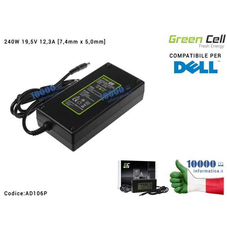 Alimentatore Green Cell 240W 19,5V 12,3A [7,4mm x 5,0mm] Compatibile per DELL Precision 7510 7710 M4700 M4800 M6600 M6700 M6800 