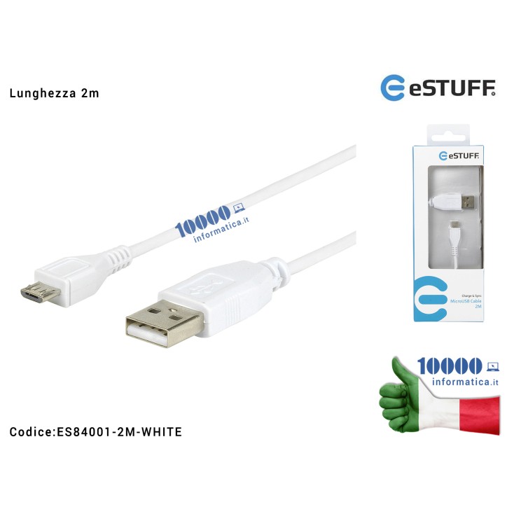 Cavo Dati Ricarica USB a microUSB eSTUFF [2 metri] Asus Samsung Huawei Lenovo Nokia