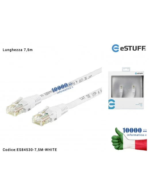 ES84530-7,5M-WHITE Cavo di Rete RJ45 Ethernet Gigabit eSTUFF [Lunghezza 7,5m] UTP CAT 5e 10/100/1000 Mbits Cavo Patch LAN (ma...