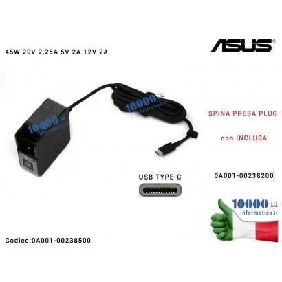 0A001-00238500 Alimentatore Originale ASUS 45W 20V 2,25A 12V 2A 5V 2A [USB-C] Type C Alimentatore ASUS 45W 20V 2,25A 5V 2A 12...