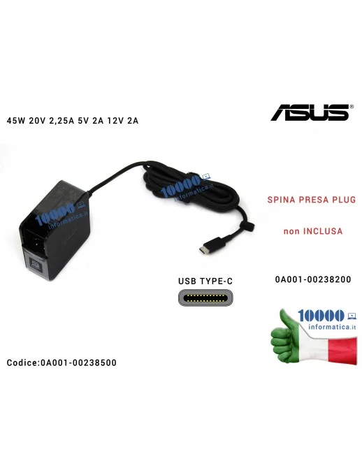 0A001-00238500 Alimentatore Originale ASUS 45W 20V 2,25A 12V 2A 5V 2A [USB-C] Type C Alimentatore ASUS 45W 20V 2,25A 5V 2A 12...