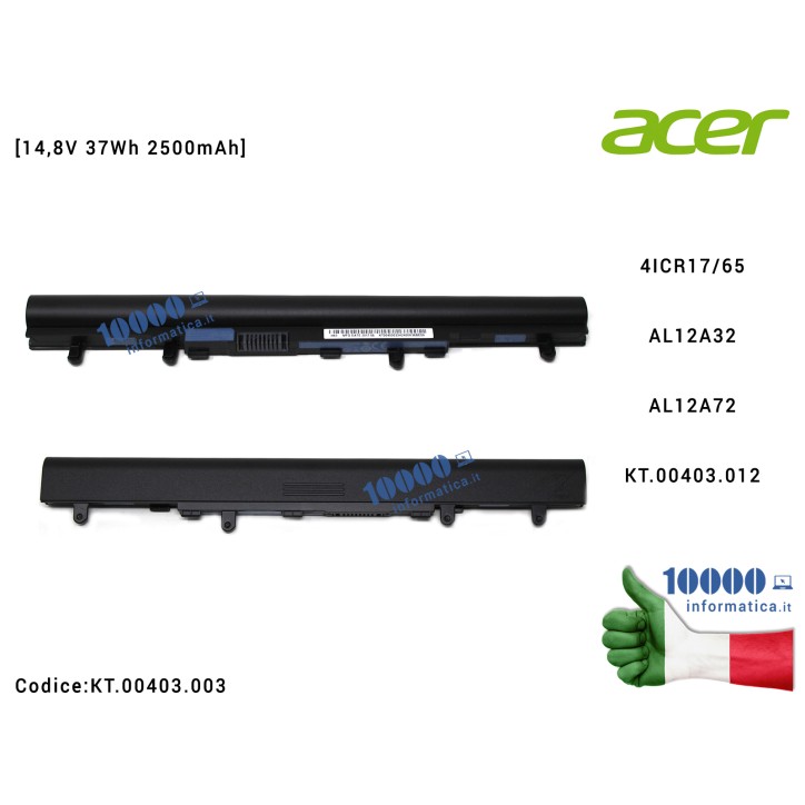 Batteria AL12A72 ACER Aspire V5-571 V5-561 TMP245-MP TMP255-MG E1-572P [14,8V 37Wh 2500mAh] AL12A32 AL12A72 AP12F3J KT.00403.012
