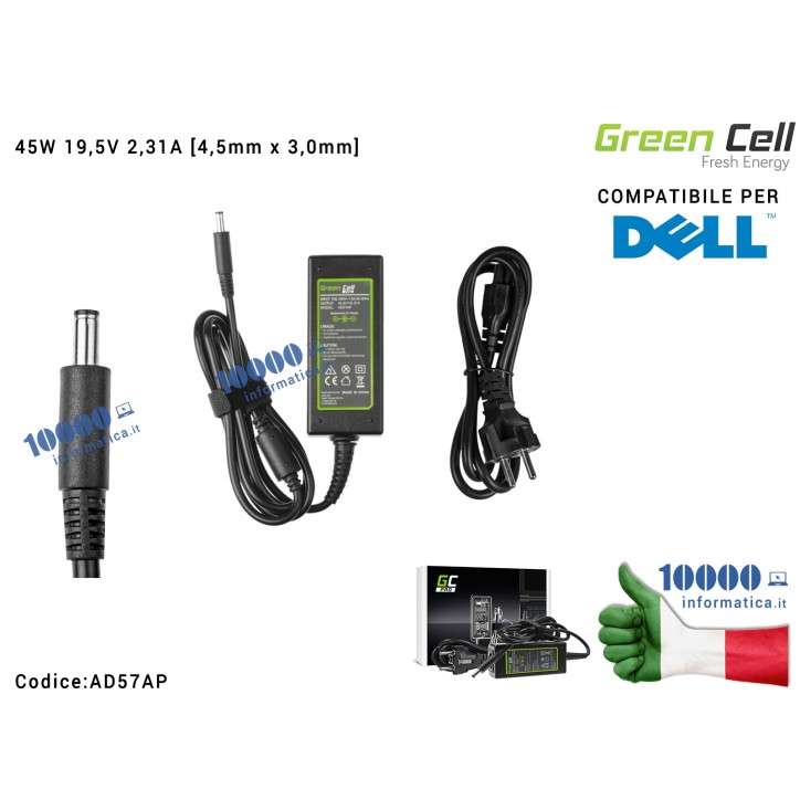 Alimentatore Green Cell PRO 45W 19,5V 2,31A [4,5mm x 3,0mm] Compatibile per DELL XPS 12 13 Inspiron 14 (3452) (5451) 15 (5551) (
