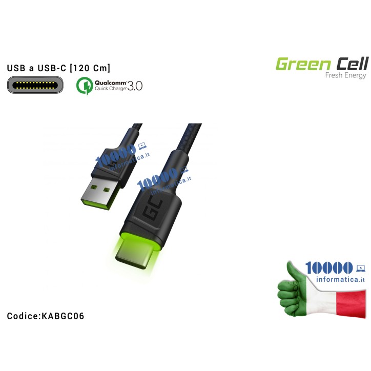 Cavo USB a USB-C Green Cell Ray [120 Cm] con retroilluminazione a LED verde e supporto di ricarica rapida Ultra Charge QC 3.0