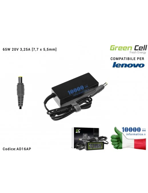 AD16AP Alimentatore Green Cell 65W 20V 3,25A [7,7 x 5,5mm] Compatibile per LENOVO B590 ThinkPad R61 R500 T430 T430s T510 T520...