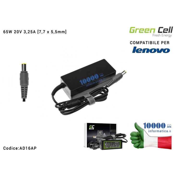 Alimentatore Green Cell PRO LENOVO 65W 20V 3,25A [7,7 x 5,5mm] Compatibile per LENOVO B590 ThinkPad R61 R500 T430 T430s T510 T520 T530 X200 X201 X220 X230
