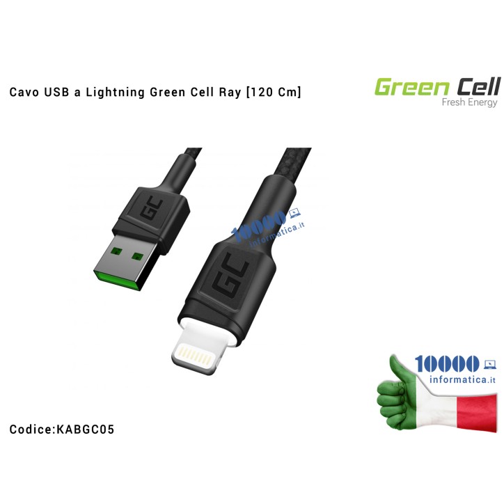 Cavo USB a Lightning Green Cell Ray [120 cm] con retroilluminazione a LED bianco e supporto di ricarica Apple e rapida 2.4A