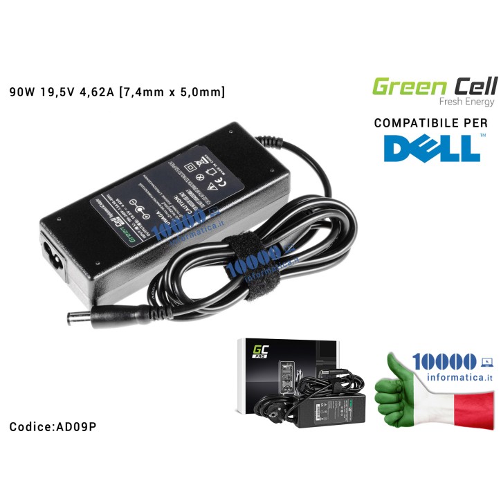 Alimentatore Green Cell PRO 90W 19,5V 4,62A [7,4mm x 5,0mm] Compatibile per DELL Inspiron 15R N5010 N5110 Dell Latitude D620 D630 XPS 15 L501X Latitude D600 D610 D400 D800 1545 XPS 16 M1530