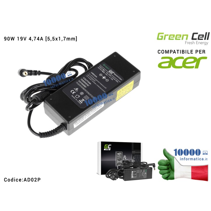 Alimentatore Green Cell PRO 90W 19V 4,74A [5,5x1,7mm] Compatibile per ACER Aspire 5730Z 5738ZG 7720G 7730 7730G