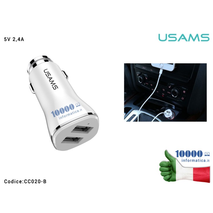 Alimentatore da Auto 5V 2,4A USAMS US-CC020 2 Porte USB (MODELLO QUADRATO) [BIANCO/NERO] Caricabatterie per Accendisigari Macchi