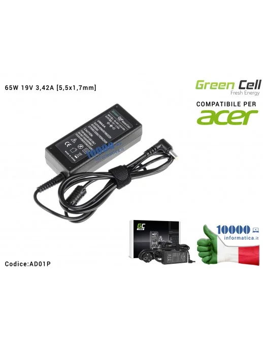 AD01P Alimentatore ACER 65W 19V 3,42A [5,5x1,7mm] Green Cell PRO Compatibile ACER Aspire 1640 4735 5735 6930 7740 Aspire One