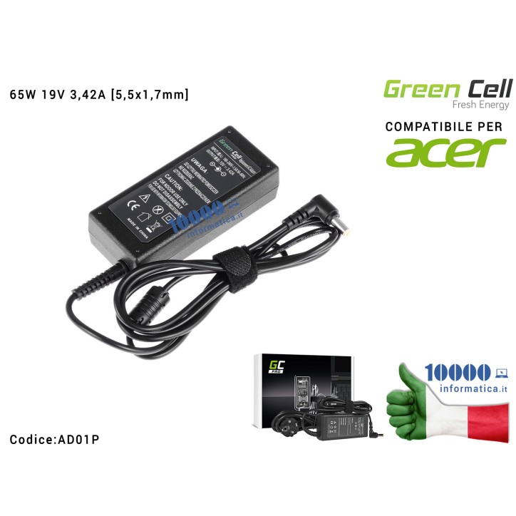Alimentatore ACER 65W 19V 3,42A [5,5x1,7mm] Green Cell PRO Compatibile ACER Aspire 1640 4735 5735 6930 7740 Aspire One