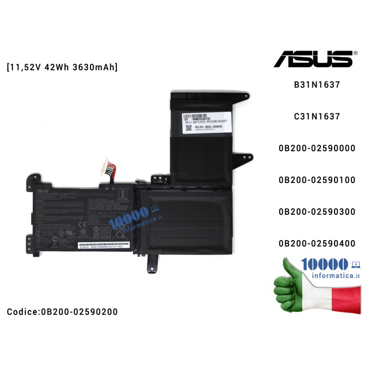 Batteria B31N1637 C31N1637 ASUS VivoBook X510 S510 S510U [11,52V 42Wh 3630mAh] S510UA S510UN S501UR X510U X510UA X510UN X510UR F