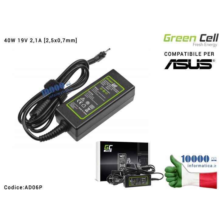 Alimentatore Green Cell PRO 40W 19V 2,1A [2,5x0,7mm] Compatibile per ASUS Eee PC 1001PX 1001PXD 1005HA 1201HA 1201N 1215B 1215N 