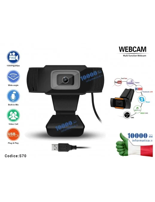 S70 Webcam FHD 1080P 30fps con Microfono per Video Conferenza Live IP Camera AutoFocus USB 2.0 Per Notebook Laptop Computer
