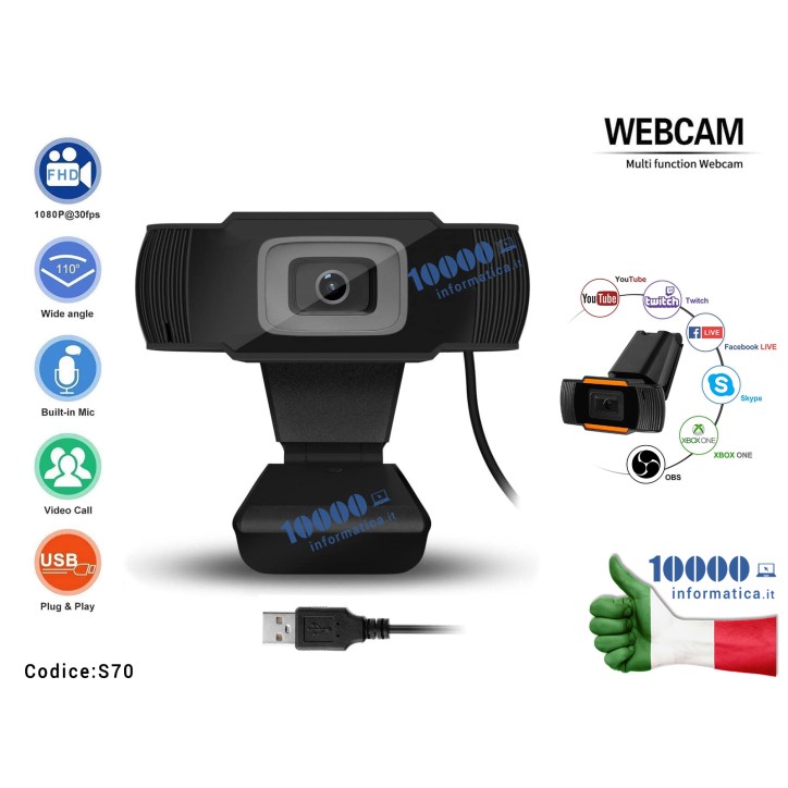 Webcam FHD 1080P 30fps con Microfono per Video Conferenza Live IP Camera AutoFocus USB 2.0 Per Notebook Laptop Computer