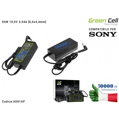 AD91AP Alimentatore Green Cell PRO 65W 19,5V 3,34A [6,5x4,4mm] Compatibile per SONY Vaio SVF14 SVF15 SVF152A29M SVF1521C6EW S...