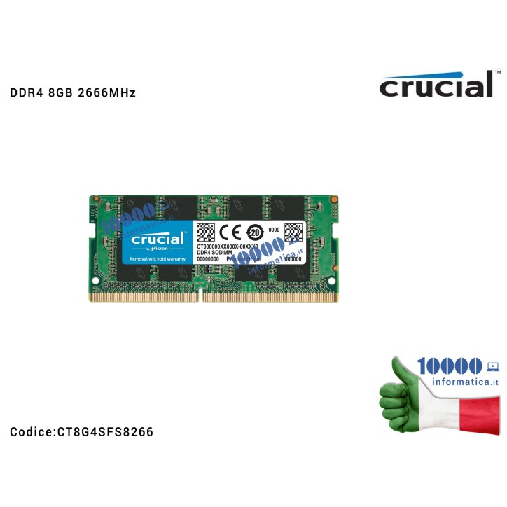 Memoria RAM SO-DIMM DDR4 8GB CRUCIAL 2666MHz Single Rank CL19 Espansione Notebook PC4-21300 (260 PIN)