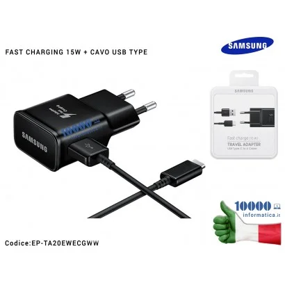 EP-TA20EBECGWW Caricabatterie USB [15W] SAMSUNG (NERO) + Cavo TYPE-C EP-TA20EBE (BLISTER) Galaxy S8 S8 Plus SM-G950F SM-G955F...