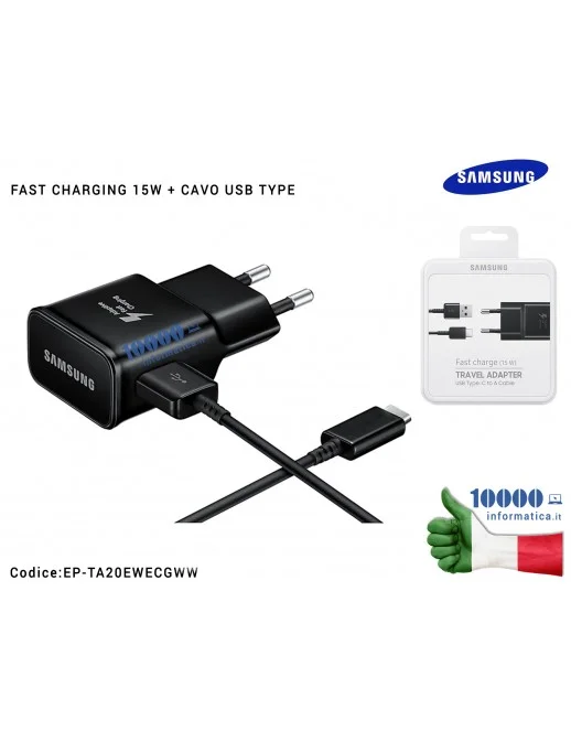 EP-TA20EBECGWW Caricabatterie USB [15W] SAMSUNG (NERO) + Cavo TYPE-C EP-TA20EBE (BLISTER) Galaxy S8 S8 Plus SM-G950F SM-G955F...