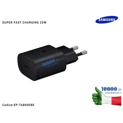 GH44-03053A Caricabatterie USB-C [25W] SAMSUNG (NERO) EP-TA800EBE (BULK) Galaxy Note 10 S10 5G S20 + S20 Ultra Note 20 A70 A80