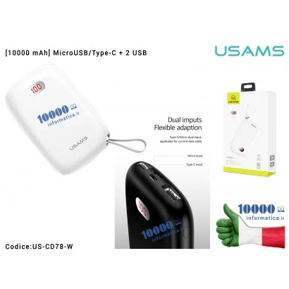 US-CD78-W Power Bank Portatile USAMS US-CD78 [BIANCO] (10000mAh) Dual USB MicroUSB Type-C Digital Display