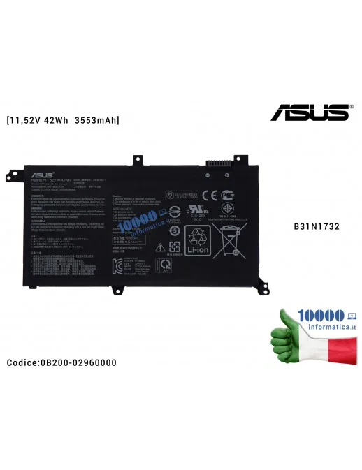 0B200-02960000 Batteria B31N1732 ASUS RX571GT RX571G VivoBook X430U X430UA X430UF X430UN [11,52V 42Wh 3553mAh]