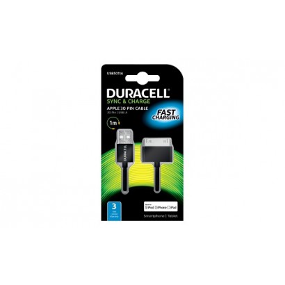 USB5011A Duracell Sync/Charge Cavo 1 Metre Nera Adatto per Apple iPhone/iPad 30 Pin Devices