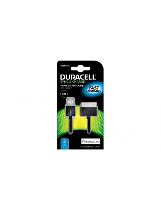 USB5011A Duracell Sync/Charge Cavo 1 Metre Nera Adatto per Apple iPhone/iPad 30 Pin Devices