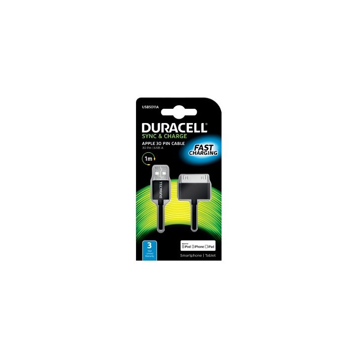USB5011A Duracell Sync/Charge Cavo 1 Metre Nera Adatto per Apple iPhone/iPad 30 Pin Devices