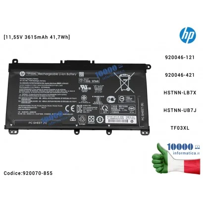 920070-855 Batteria TF03XL HP Pavilion 14-BF 14-BK 14-BP 15-CC 15-CD 15-CK 17-AR [3615mAh] 920046-421 920070-855