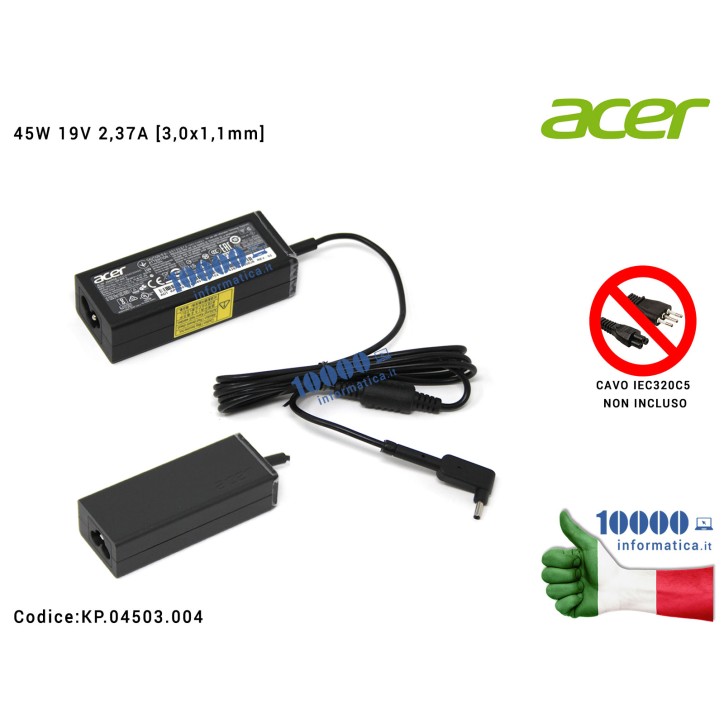 Alimentatore ACER 45W 19V 2,37A [3,0 x 1,1mm] Aspire S5-371 SW3-013 SW5-271 V3-331 V3-371 V3-372 Chromebook C730 C731 C735 C810 CB3-131 CB3-532  Spin SP111-31 Swift SF113-31 SF114-31 SF314-52 Tablet Aspire SA5-271 TravelMate P236-M TMB118 TMP236 TMP238 TMX349 KP.0450H.001 KP.04501.012