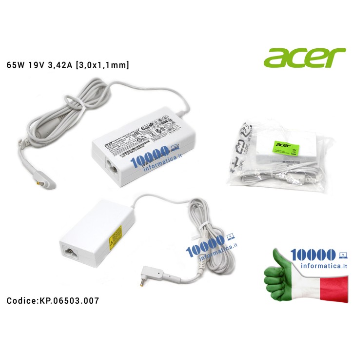 Alimentatore ACER 65W 19V 3,42A [3,0x1,1mm] (BIANCO) AspireS5-391 S3-392 S7-391 S7-191 V3-331 V3-371 Swift SF314 TravelMate TMX3