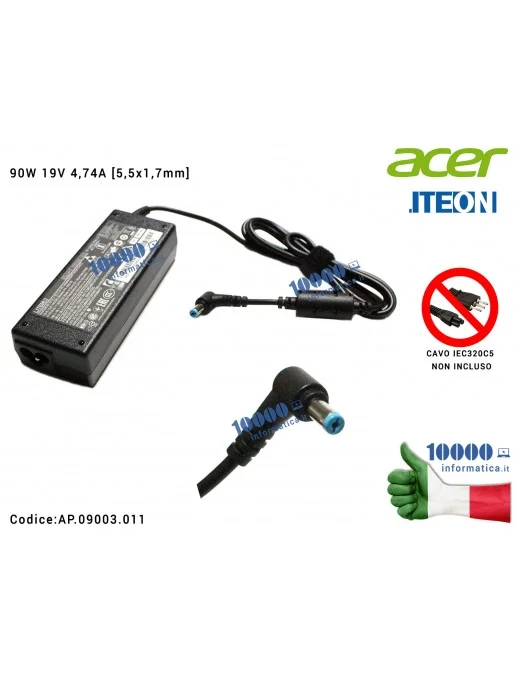 AP.09003.011 Alimentatore ACER 90W 19V 4,74A [5,5 x 1,7 mm] Aspire 4745 4820 4830 4930 5220 5310 5520G 5530 5630 5710 5720 57...