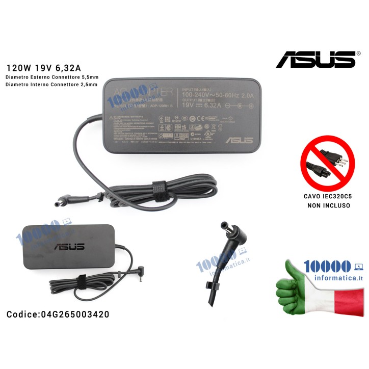 Alimentatore ASUS 120W 19V 6,32A [5,5 x 2,5 mm] N56VZ N580 X580 N580VD X580VD N71JQ N71VN N73JQ G550JK G56JK G60VX G73JH G73JW K550JK K53SV K55VM N551JK N56JK N751JW N552VX X550VX