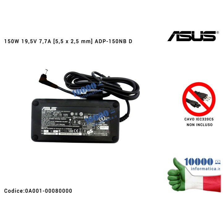 Alimentatore ASUS 150W 19,5V 7,7A [5,5 x 2,5 mm] ADP-150NB D ROG G550 G73 G53J G53JW G53S G53SW G53SX G73JH G73JW G73SW G74SX VX
