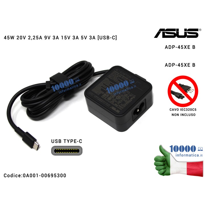 Alimentatore ASUS 45W [USB-C] 20V 2,25A 9V 3A 15V 3A 5V 3A [TYPE-C] ZenBook Flip UX370U UX370UA Chromebook Flip C433 C223NA ADP-45XE ADP-45XE (TIPO C) Type C