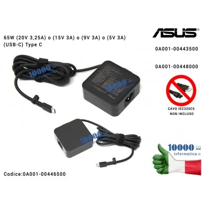 0A001-00446500 Alimentatore ASUS 65W 20V 3,25A [USB-C] ZenBook 3 UX490UA B9440UA (Type C) 0A001-00443500 0A001-00448000 5V 9V...