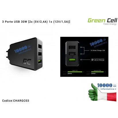 CHARGC03 Alimentatore Caricabatterie Green Cell GC ChargeSource 3 Porte USB 30W [2x (5V/2,4A) 1x (12V/1,5A)] con ricarica rap...