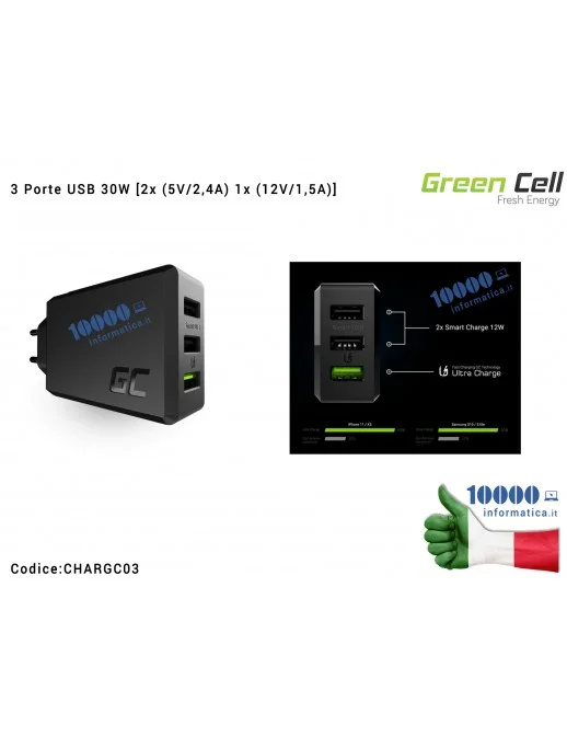 CHARGC03 Alimentatore Caricabatterie Green Cell GC ChargeSource 3 Porte USB 30W [2x (5V/2,4A) 1x (12V/1,5A)] con ricarica rap...