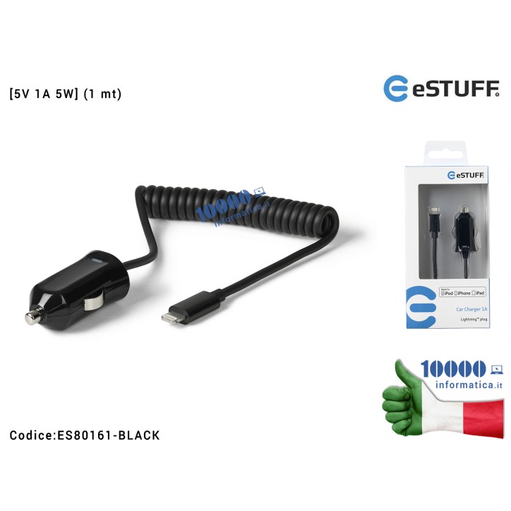 Alimentatore da Auto Lightning [5V 1A 5W] eSTUFF [NERO] (1 mt) Caricabatteria Apple iPhone 6 7 5 5C 5S 6 Plus 6s 6s Plus 7 Plus 