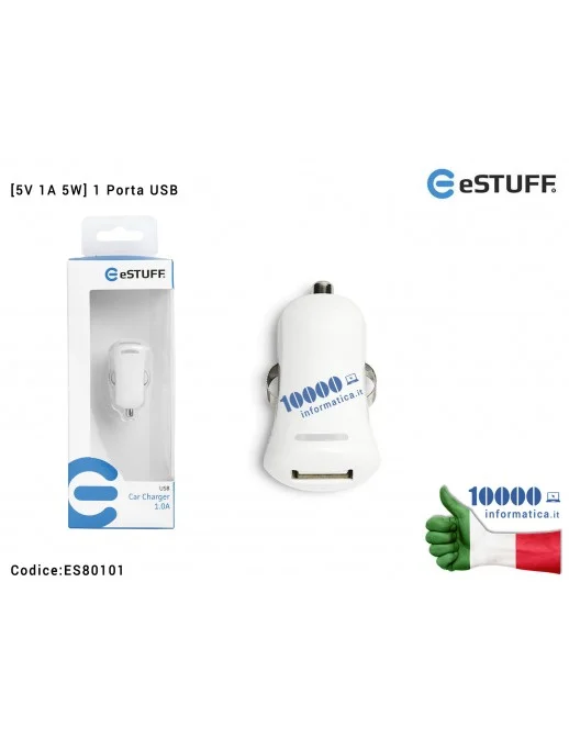 Alimentatore da Auto [5V 1A 5W] eSTUFF 1 Porta USB [BIANCO] Caricabatteria per Accendisigari Macchina Car Charger