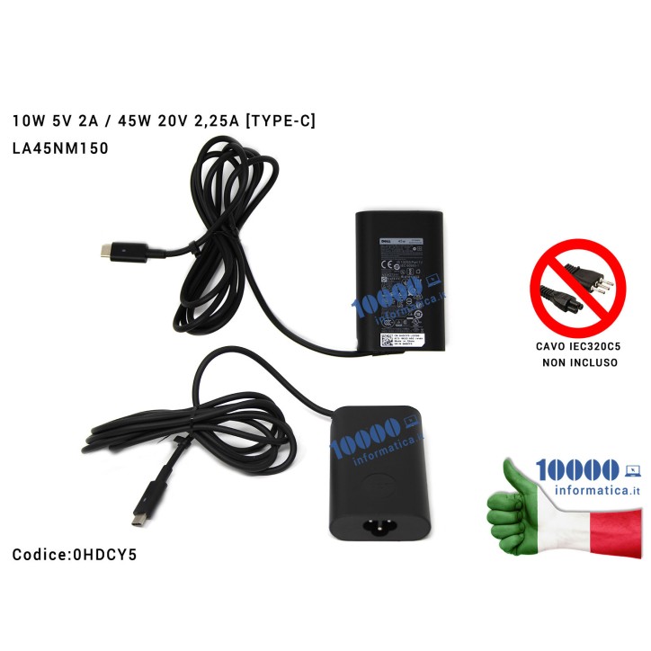 Alimentatore DELL [TYPE-C] Latitude 11 (5175) (5179) 12 (7275) 13 (7370) XPS 12 (9250) (10W 5V 2A) (45W 20V 2,25A) HDCY5 0HDCY5 