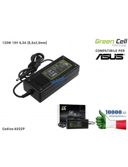 AD22P Alimentatore Green Cell 120W 19V 6,3A [5,5x2,5mm] Compatibile per ASUS G56 G60 K73 K73S K73SD K73SV F750 X750 MSI GE70 ...