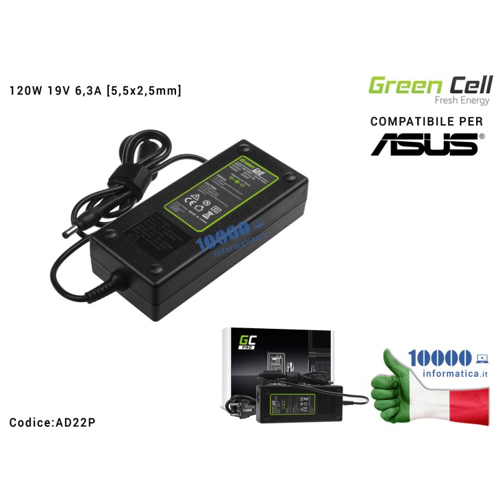 Alimentatore Green Cell 120W 19V 6,3A [5,5x2,5mm] Compatibile per ASUS G56 G60 K73 K73S K73SD K73SV F750 X750 MSI GE70 GT780 N58