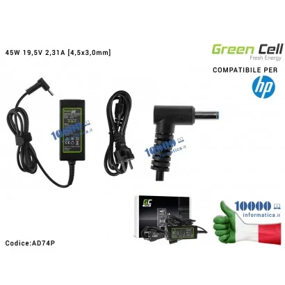 AD74P Alimentatore Green Cell 45W 19,5V 2,31A [4,5x3,0mm] Compatibile per HP 250 G2 G3 G4 G5 255 G2 G3 G4 G5 HP ProBook 450 G...
