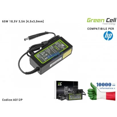 AD12P Alimentatore Green Cell 65W 18,5V 3,5A [7,4x5,0mm] Compatibile per HP 250 G1 255 G1 ProBook 450 G2 455 G2 Compaq Presar...